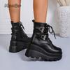 Gothic Platform Boots For Women Chunky Motorcyle Ankle Boots Plus Size 35-42 Retro Stacked Heel Autumn Short Boots Black Leather