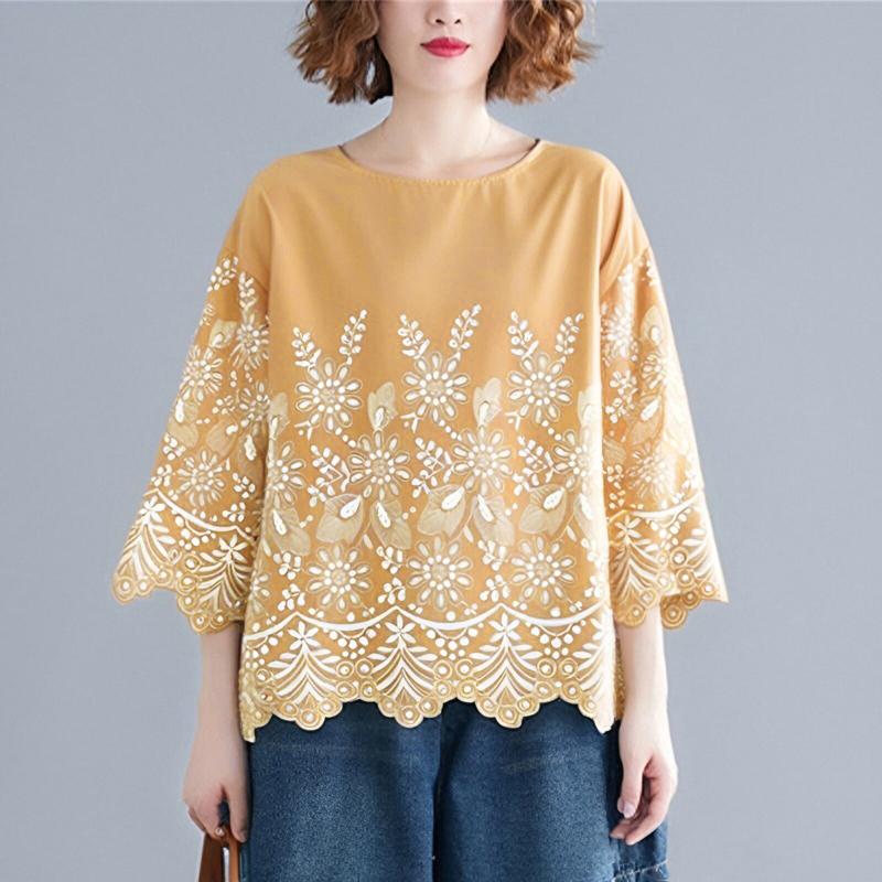 ZANZEA Women Summer Round Neck 3/4 Sleeve Printed Wave Edge Blouses