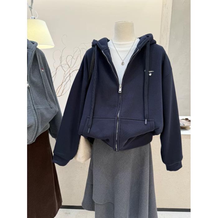 Plus Size Fleece-Lined Hooded Sweatshirt Jacket with Embroidered Letters - Women's Casual Autumn/Winter Wear