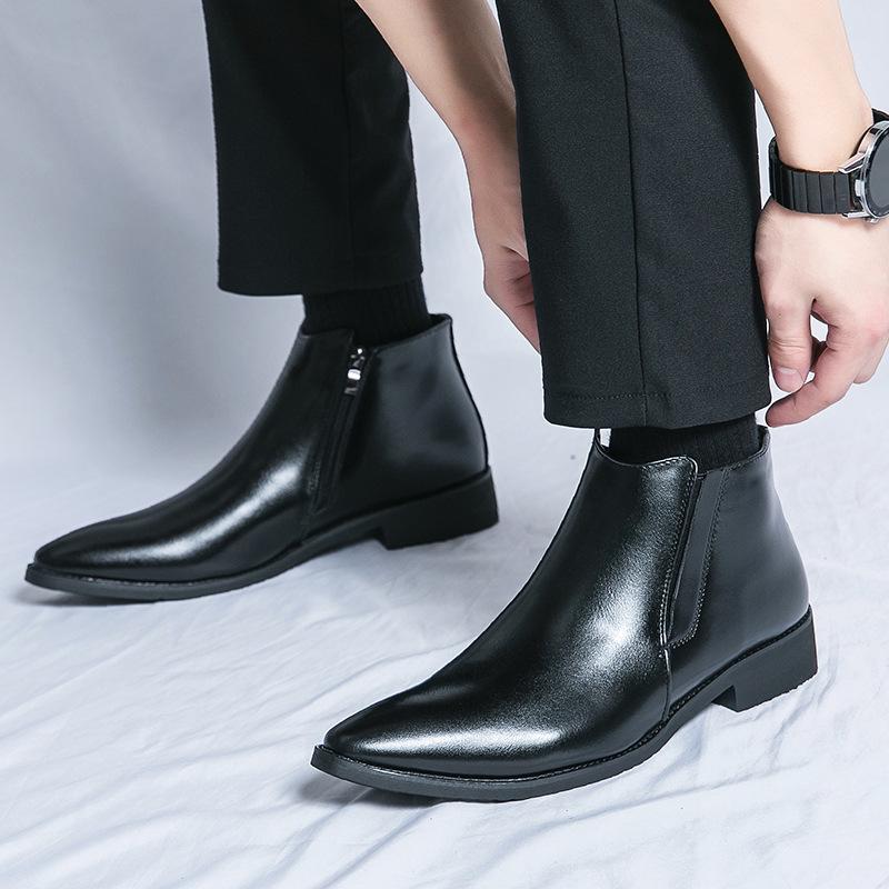 Stivali da uomo taglie forti stile coreano a metà polpaccio: Stivali Martin Formali in Pelle Autunno/Inverno a Punta, con Zip Laterale, Slip-On, Alti.