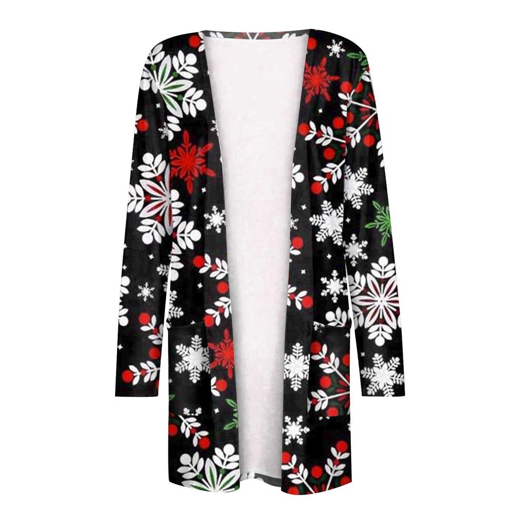 Women's Fashion Casual  Chirstmas Print Medium Length Cardigan Jacket Coat