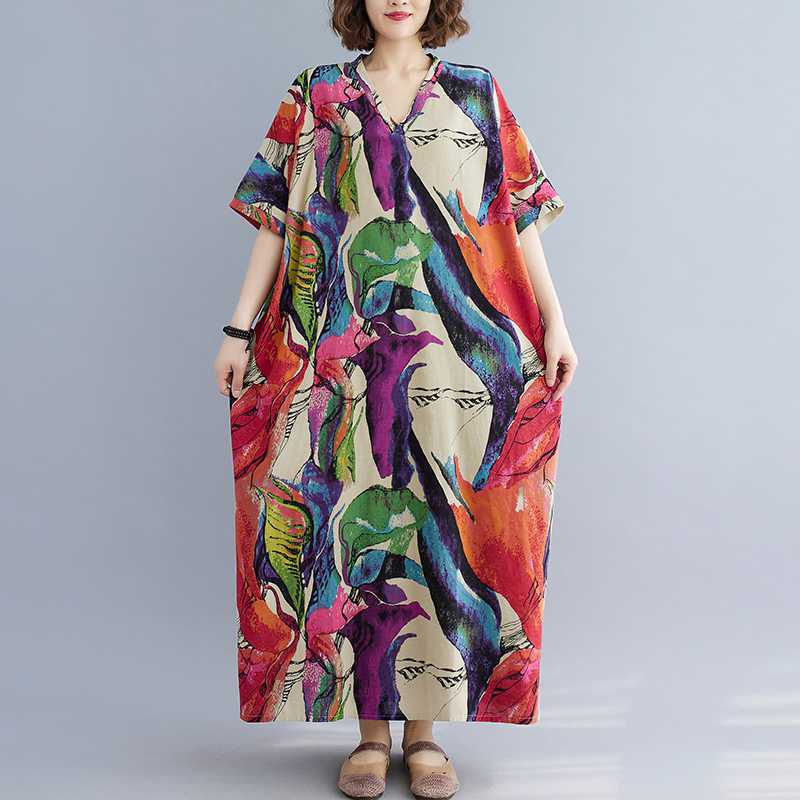 Literarisches lockeres Kleid mit V-Ausschnitt und kurzen Ärmeln aus bedrucktem Baumwollleinen für Damen, Strandrockkleid, Urlaubsdruck, Freizeitkleider, Roben