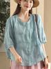 Johnature Women Embroidery Floral Shirts O-Neck Half Sleeve Tops Summer Solid Color Women Button Blouses