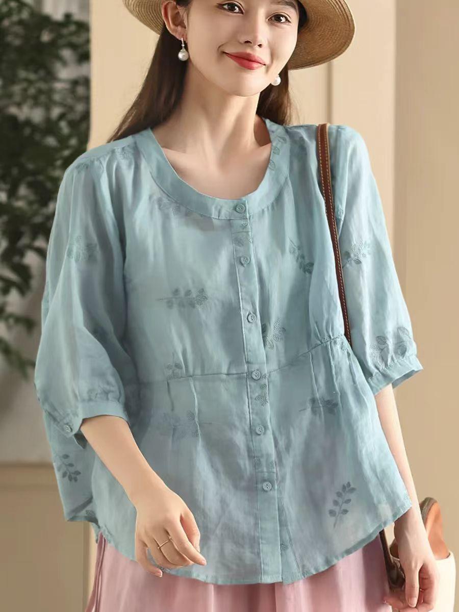 

Johnature Женские вышитые цветочные рубашки с круглым вырезом и коротким рукавом, летние однотонные женские блузки на пуговицах One Size синий