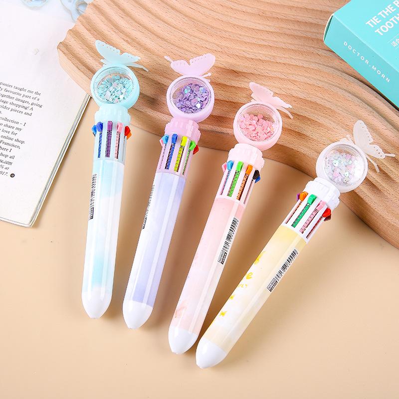 

10шт. Креативная шариковая ручка с блестками в виде бабочек, десятицветная шариковая ручка с нажимной шариковой ручкой, цветная многоцветная ручка для граффити, ручная ручка с масляной отделкой Random color 10pcs