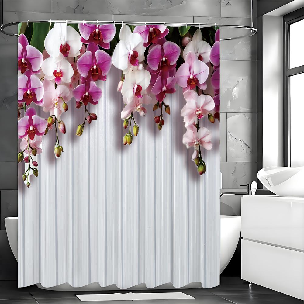 Purple Floral White Wall Shower Curtain, Bathroom Decorative Shower Curtain, Waterproof Shower Curtain with Hooks