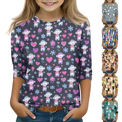 Children's Three-Quarter Sleeve Round Neck Top with Animal Print for Casual Daily Wear