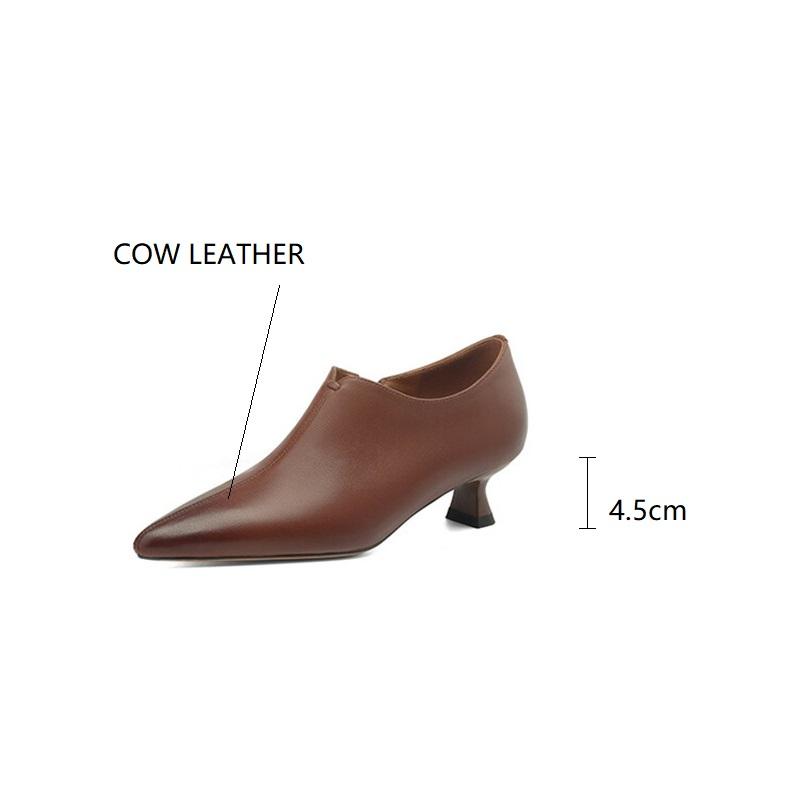 Fashion New Spring Genuine Leather Women Shoes French Retro Pointed Toe Women Pumps Side Zipper Loafers Shoes for Women Ladies Shoes