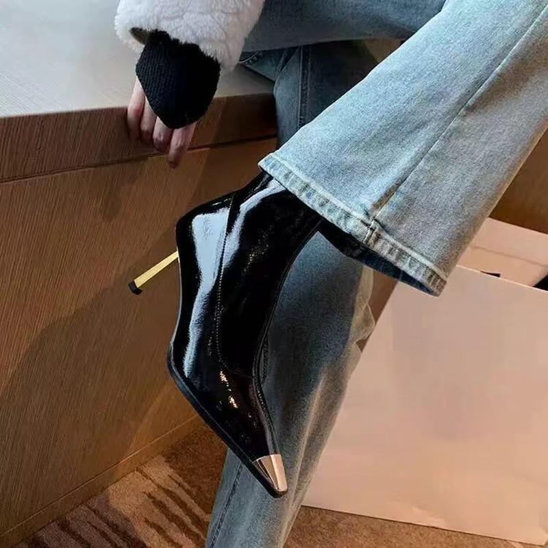 Fashion Star style Fashion Patent Leather Metal Square toe Women Ankle Boots Autumn Winter Stiletto High heels Chelsea Short Boots Shoes