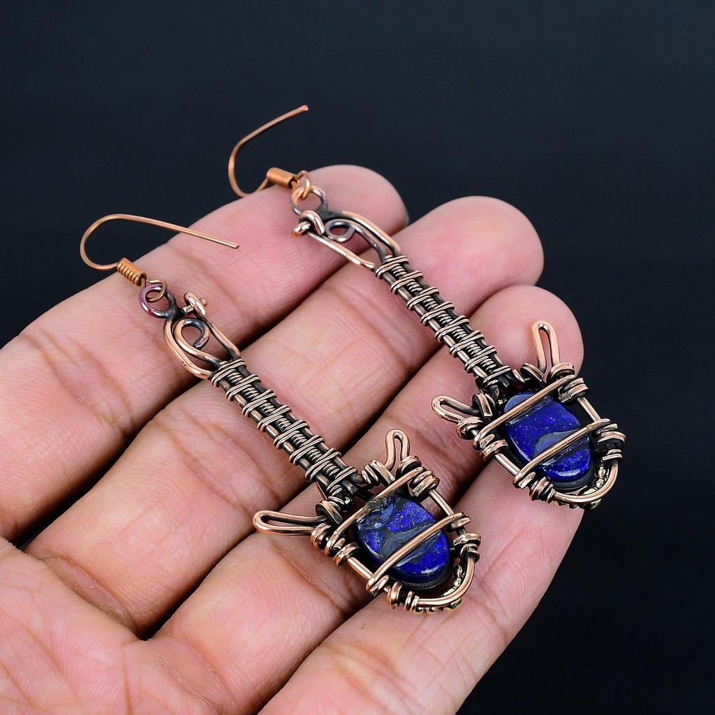 Lapis Lazuli 999 Copper Wire Wrapped Earrings, Handmade Gemstone Earrings Jewelry, Gifts For Wife Brand New Earrings