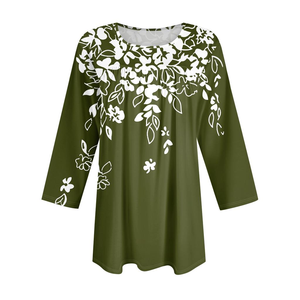 Women's Fashion Seven Sleeve Top Round Neck Pleated Casual Printed Top