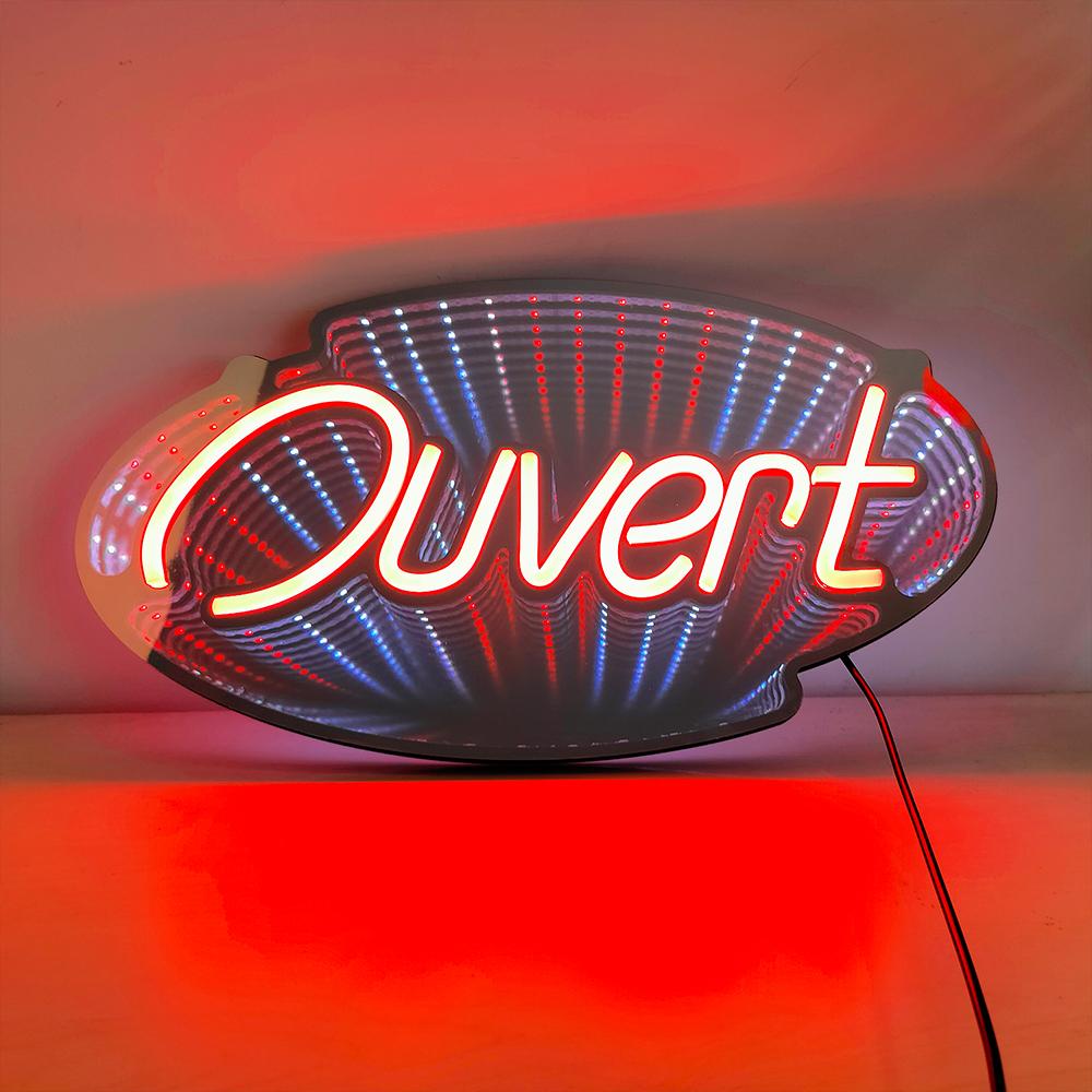 3D Mirror Neon Open Sign 48x20cm Double-Sided LED Light for Pizza Coffee Bar Store - Colorful Background Infinite Tunnel Light