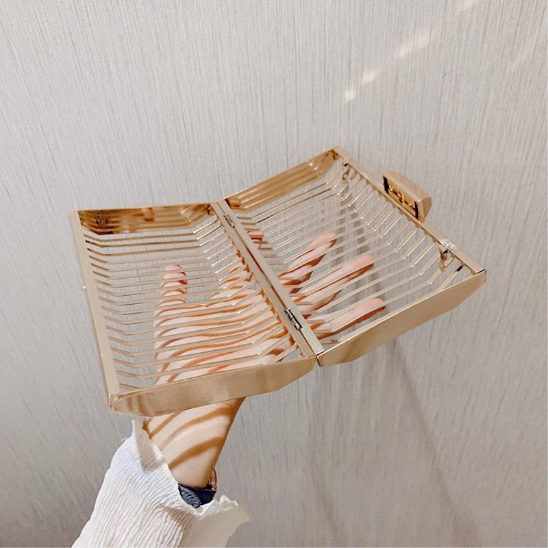 Gold Women Chain Crossbody Bags Iron Cage Metal Hollow Out Evening Clutch Purse Women Party Wedding Handbags Prom Luxury Bolso