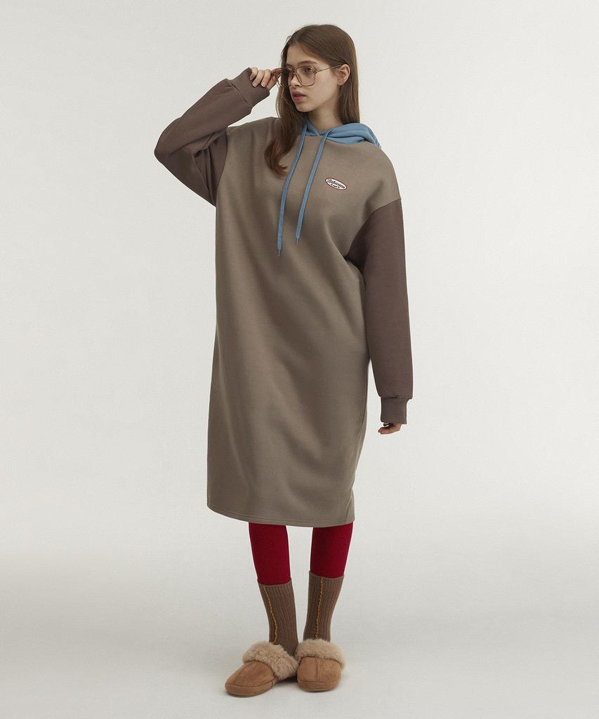 Between A And B Hooded Long Jersey Fleece-Lined Dress [Chocolate]