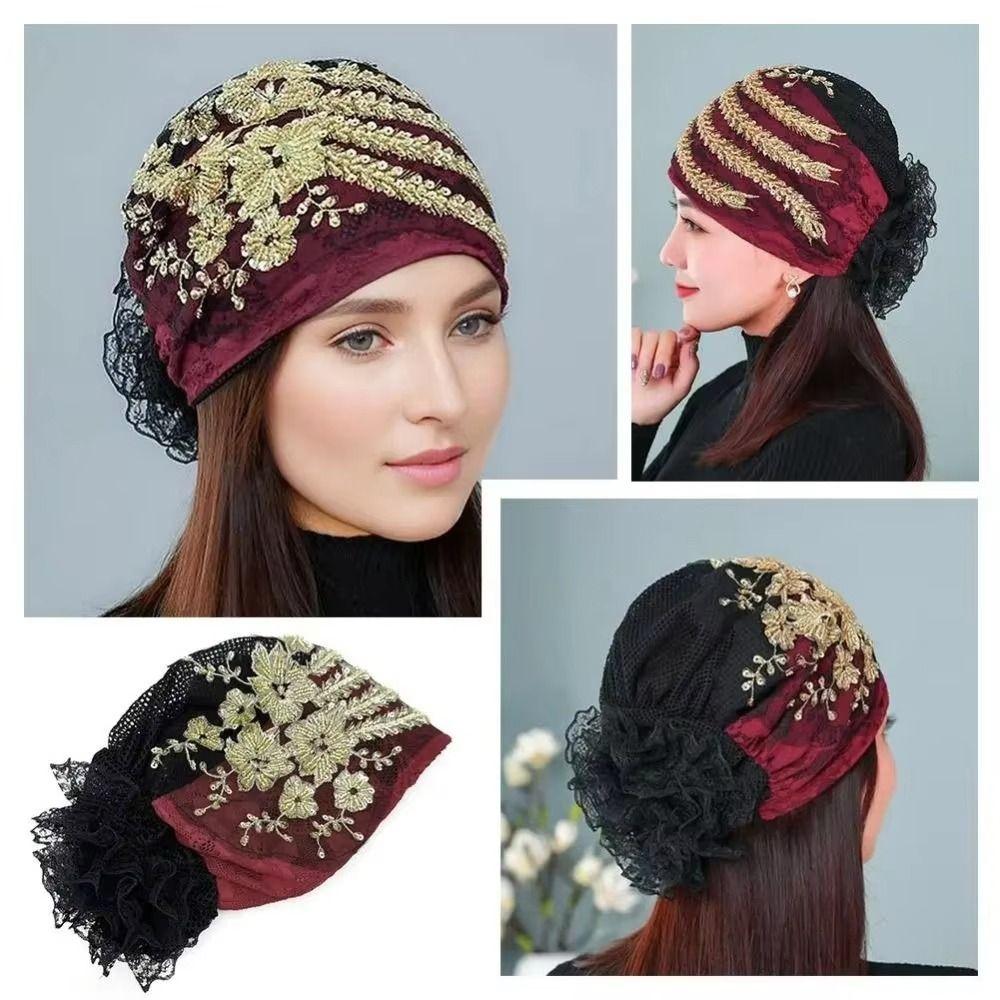 Embroidery Women Headscarf Phoenix Tail Beanie Hair Cover Cap Floral Lace Caps  Head Wraps