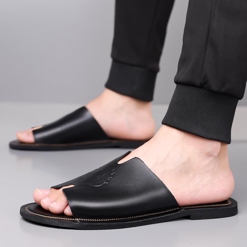 Herren Schwarz Leder Hausschuhe Handgemacht Einfache Flache Schuhe Sommer Orange Römische Sandalen Offene Zehen Strand Schuhe Übergröße