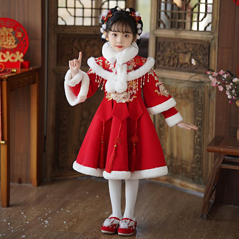 Girls' Velvet-Lined Winter Hanfu Dress - Chinese New Year Festive Outfit