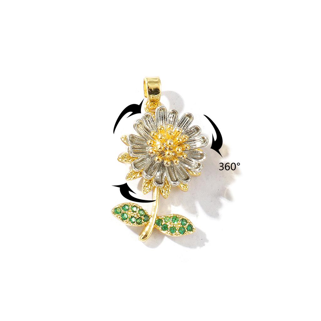 1 Piece Brass & Rhinestone Charms 18K Gold Plated Flower Rotatable Sunflower Daisy Pendants For DIY Necklace Jewelry Making