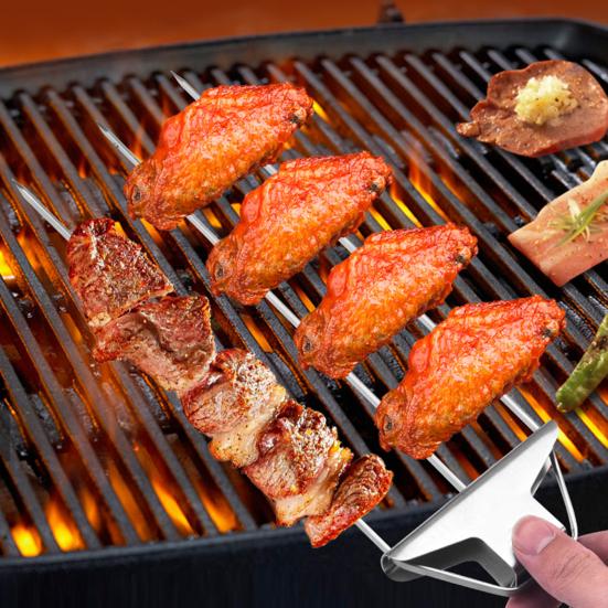 3-Prong BBQ Skewers Set Stainless Steel Grill Skewers with Push Slider Bar Dishwasher Safe Three-Prong Kabob Sticks for Meat Veggies Shrimp