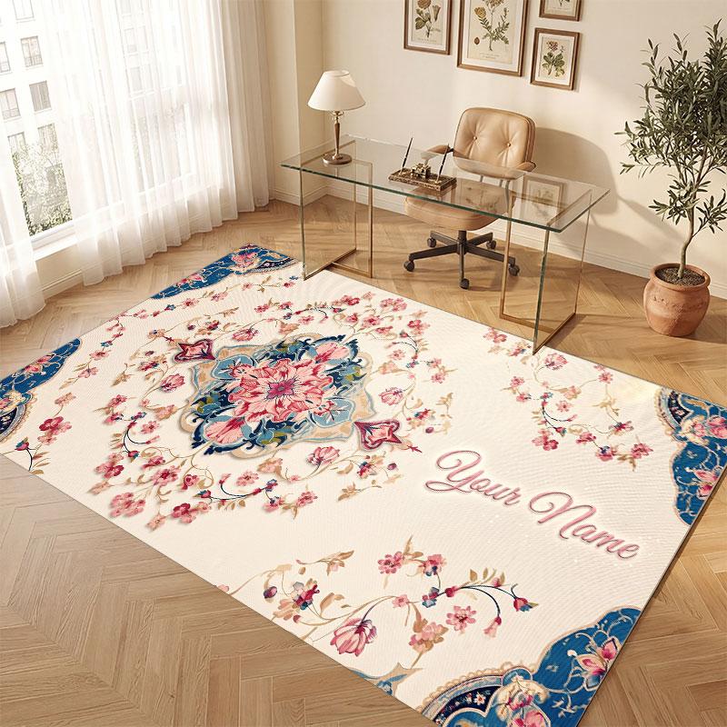 Floral Garden Theme Crystal Velvet Floor Rug Personalized Custom Name Text Warm Carpet Home Decoration