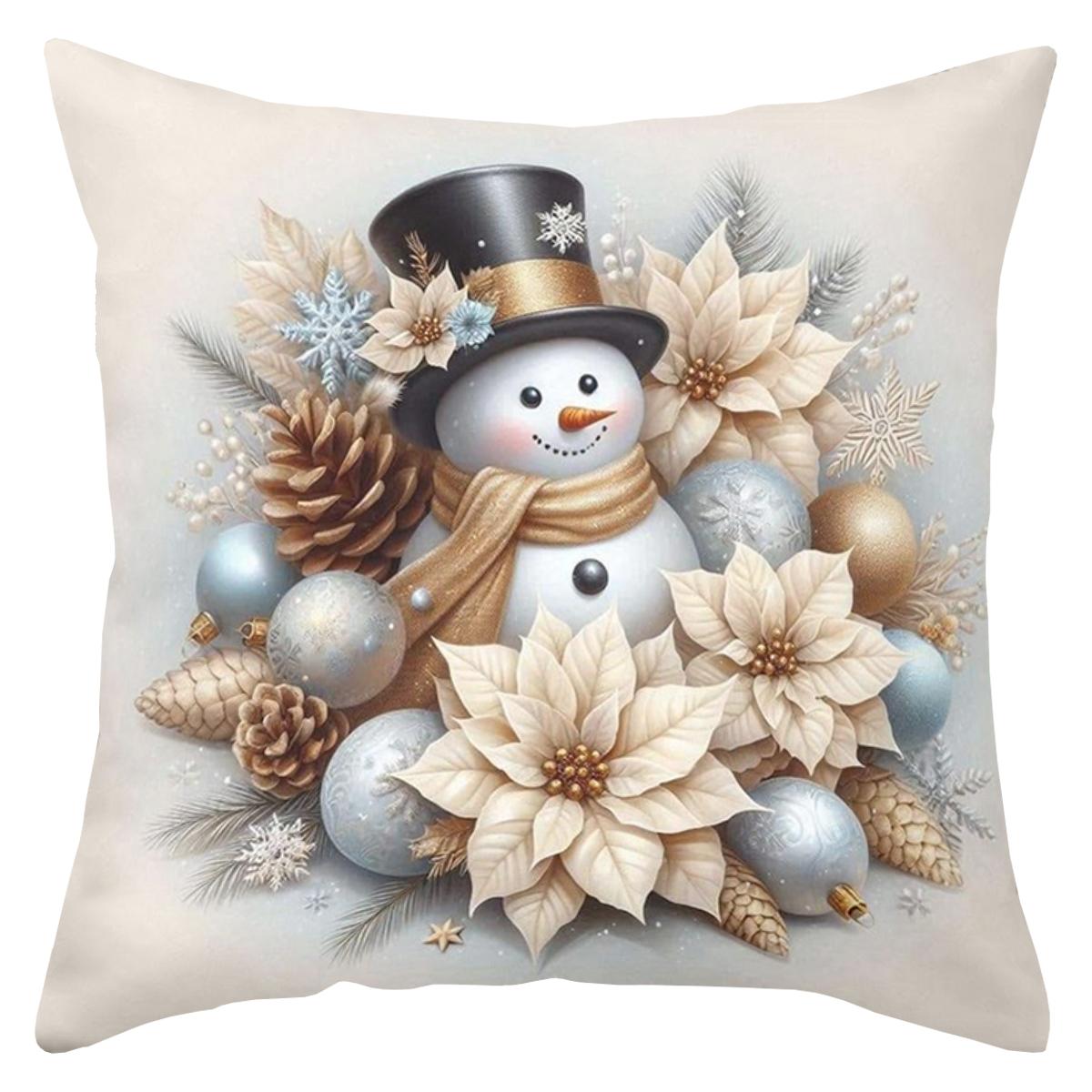 

1 Pieces Christmas Snowman Decorative Pillow with Poinsettias Polyester pillowcase, sofa decorative cushion cov 16x16Inch