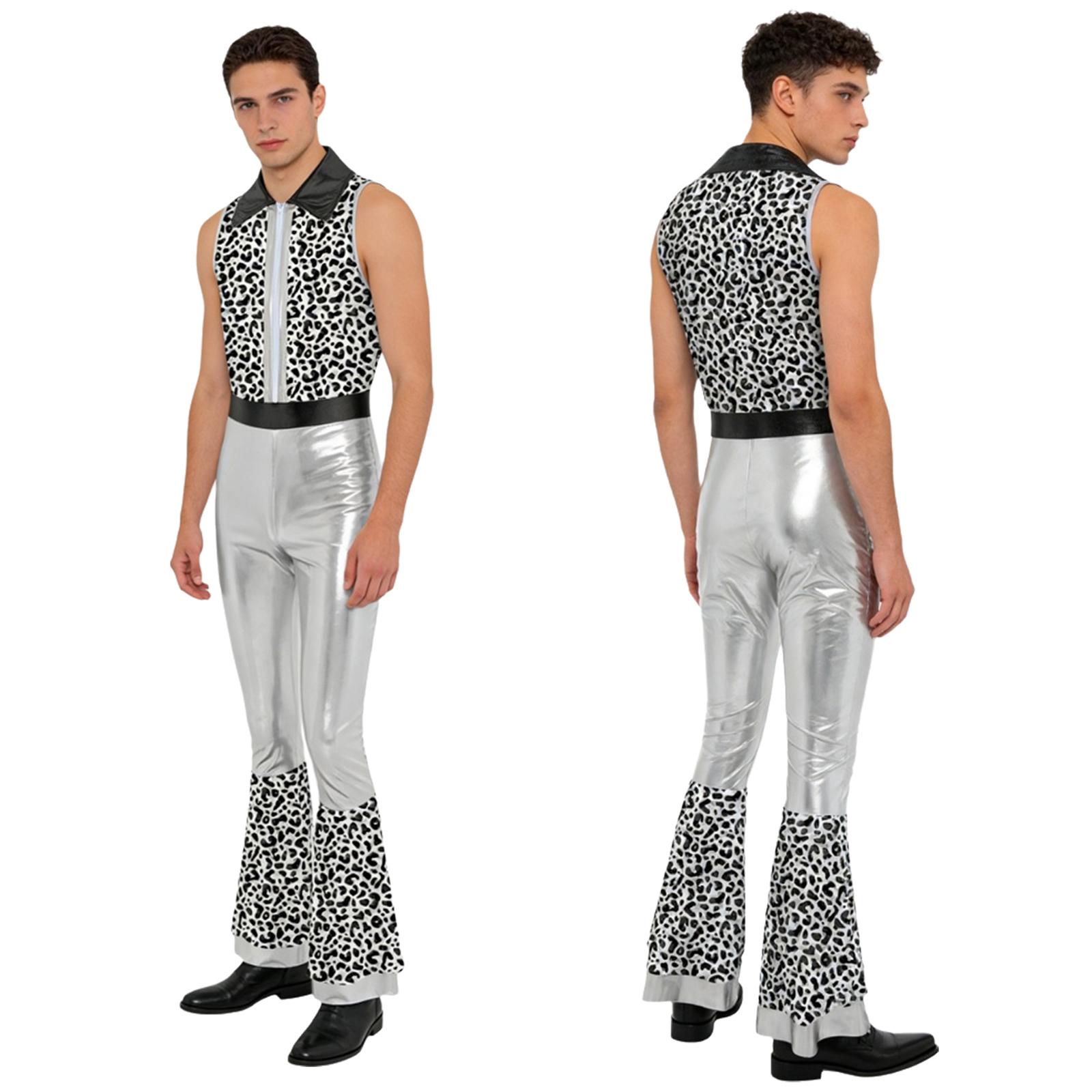 Men Sleeveless Metallic Shiny Tiered 70s Disco Dance Flare Jumpsuit Halloween Carnival Hippie Cowboy Cosplay Performance Costume L
