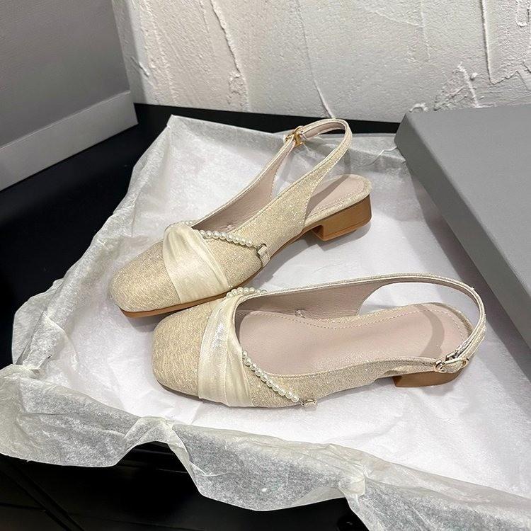 Fashion Mid Heels Women's Sandals Designer Square Toe Bead Shallow Buckle Shoes 2025 Summer New Trend Fad Brand Chunky Chaussures Femme