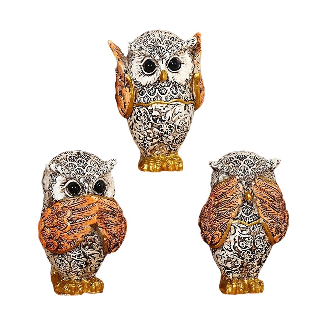 3Pcs Owl Figurines Decors Hear No See No Speak No Animal Sculpture Ornaments for Living Room Office Book Shelf Decors