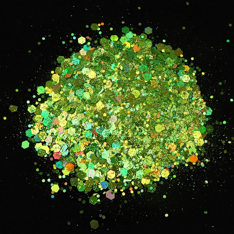 50G holografické smíšené šestihranné třpytky na nehty stříbrné třpytky laserové třpytky tenký film DIY design dekorace na nehty