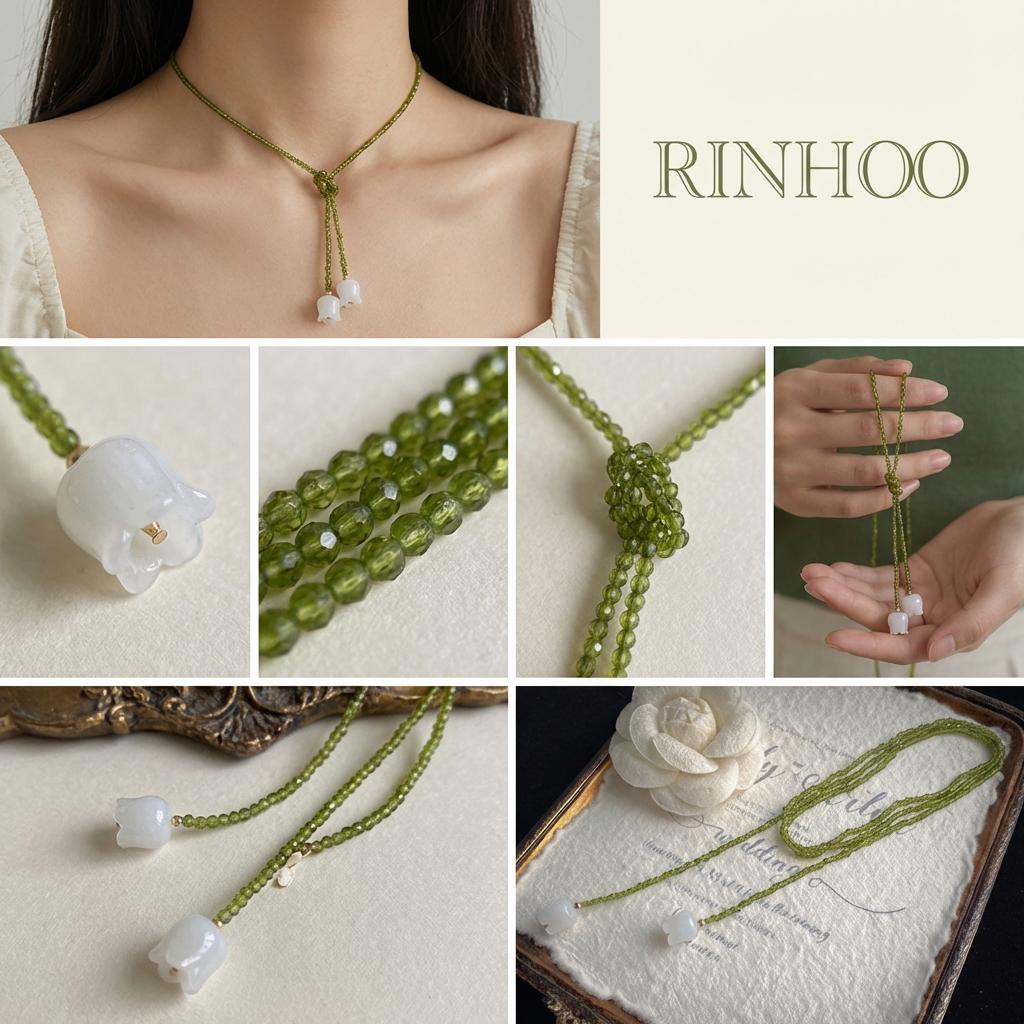 Romantic Fairycore Green Crystal Beaded Lariat Necklace for Women White Lily Pendants Versatile Choker Accessories Jewelry Gift