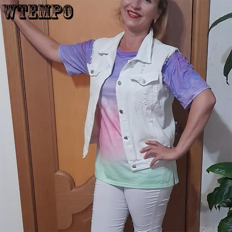 WTEMPO Wielokolorowa Casualowa Kamizelka Jeansowa Damska Moda Wiosna Lato Wszechstronna Slim Surowe Krawędzie Postrzępiona Bez Rękawów Krótkie Płaszcze