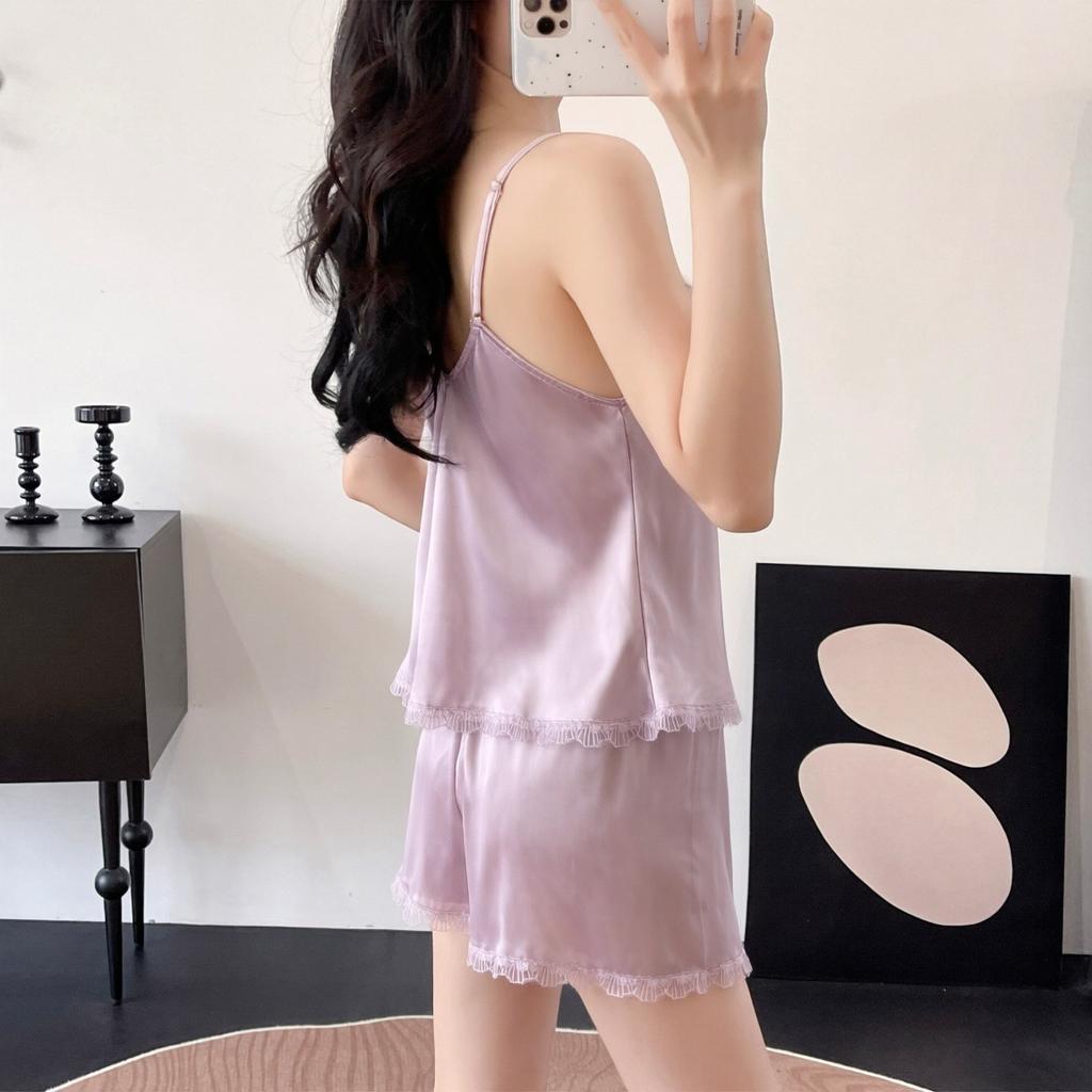 Ice Silk Pajamas Women's Sexy Lace Suspender Shorts Set Spring Summer Summer Thin Homewear with Chest Pad