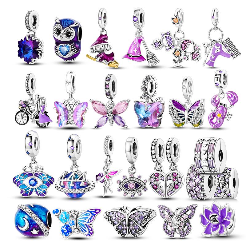 Purple Series Flower Butterfly Charms Dangle Beads Fit Original Bracelet Pendant Copper Diy Jewelry Gift
