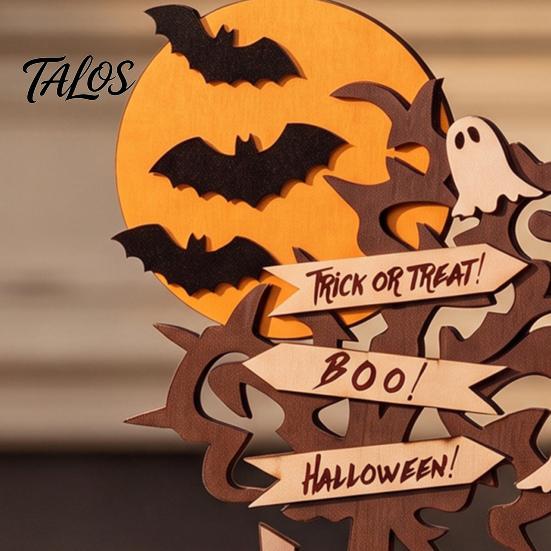 Reusable Holiday Wood Crafts Halloween Moon Bat Ghost And Dead Tree Tabletop Ornament, Rustic Art Decorative Table Centerpiece for Home Desktop Party