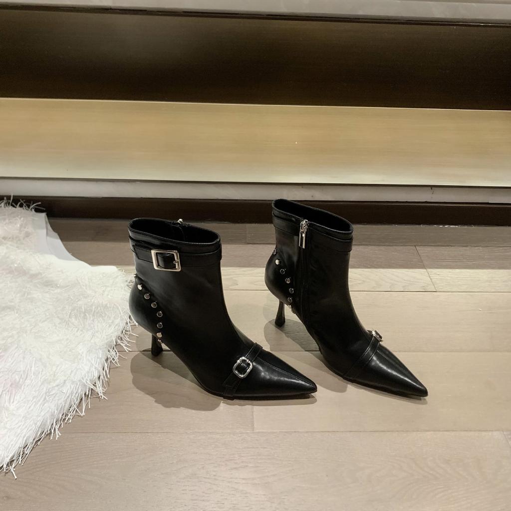 Europäischer und Amerikanischer Stil Damen Herbst Spitzschuh Gürtelschnalle Stiefel Damenmode Hochhackige Kurze Stiefel