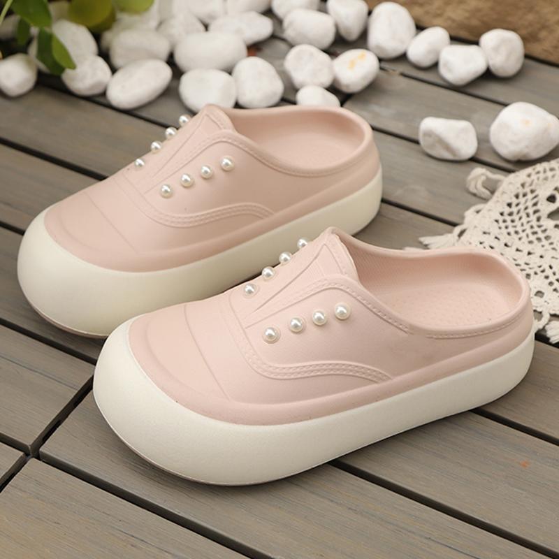 

2025 Новая дышащая обувь для женщин, повседневная обувь, летняя обувь с отверстиями, ленивая обувь, туфли баотоу со шлепанцами с жемчугом 39-40 розовый