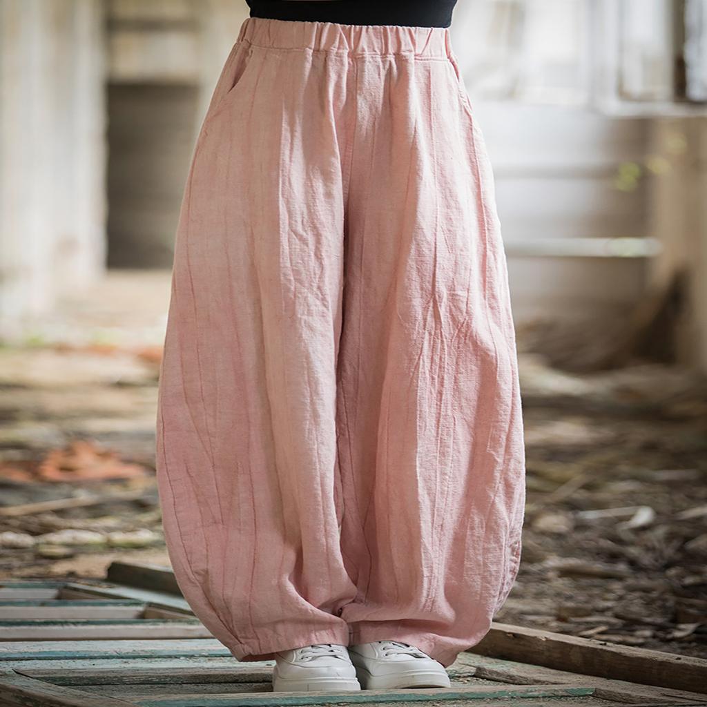 Pantaloni de vară din bumbac și in Pantaloni largi, cu talie elastică de meditație, de marime mari Pantaloni casual de damă