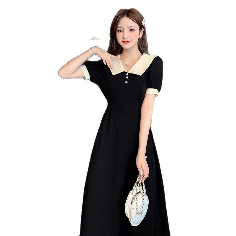 Summer French Retro Hepburn Style Temperament Skinny Long Dress Muse Fan Doll Collar Belt First Love Platycodon Dress