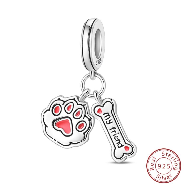 I Love My Pets Charms Beads 925 Silver Heart Shaped Pink Zircon Claws Pendants Fit Bracelets Fine DIY Birthday Jewelry