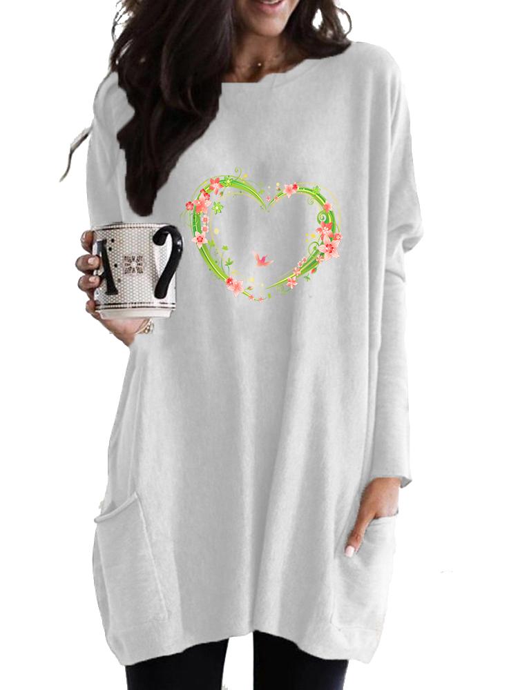 

Ladies Sweatshirt Women s Long Tunic with Pockets Loose Fit Fashion Printed Logn Sleeve Top S белый