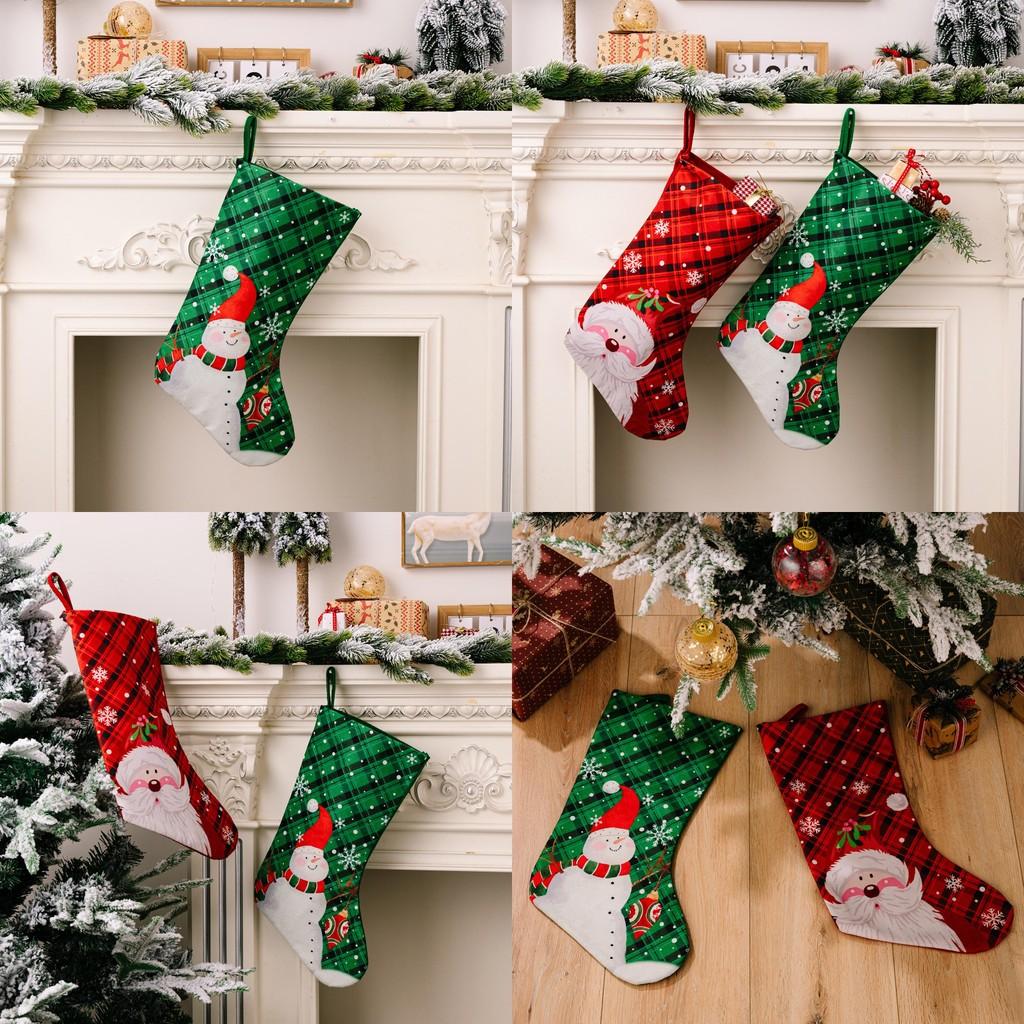 Christmas Playful Stockings In Rich Red And Green Fabric Featuring Snowflakes And Holiday Characters