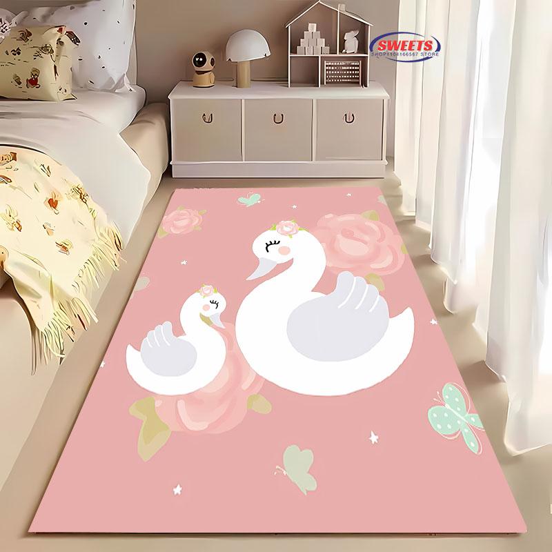 3D Printing Cute Swan Large Area Carpet for Living Room Cartoon Children's Bedroom Sofa Doormat Kitchen Floor Rug Anti-slip Mat