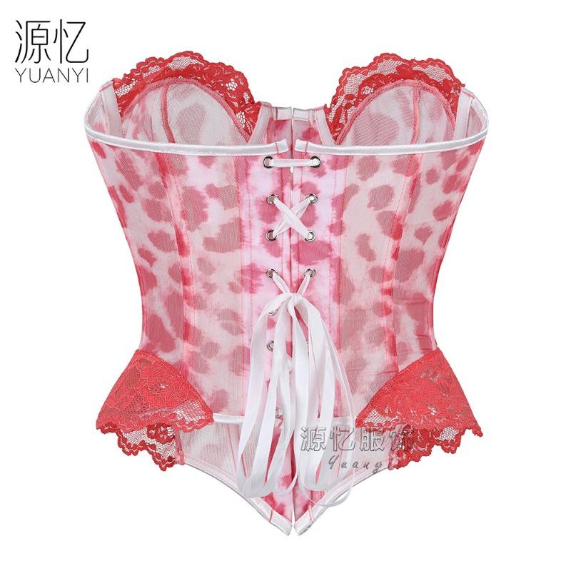 Women Front Closure Pink Leopard Lace Corset Bustier Slimming Waist Shaping Top