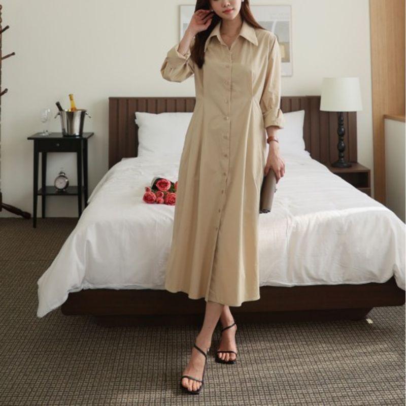 K-style Plus Size Women's Autumn Single-Breasted Shirt Collar Work Clothing Ol Long Sleeves Mid Length Long Length Shirt Dress L-4XL