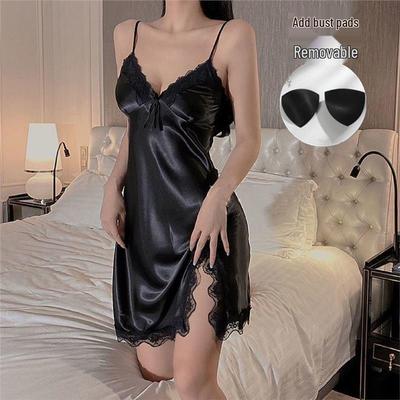 Spitzen-Satin-Nachthemd für Frühling/Sommer: Damen Sexy Spaghettiträger Chiffon Nachthemd für Reine Verführung