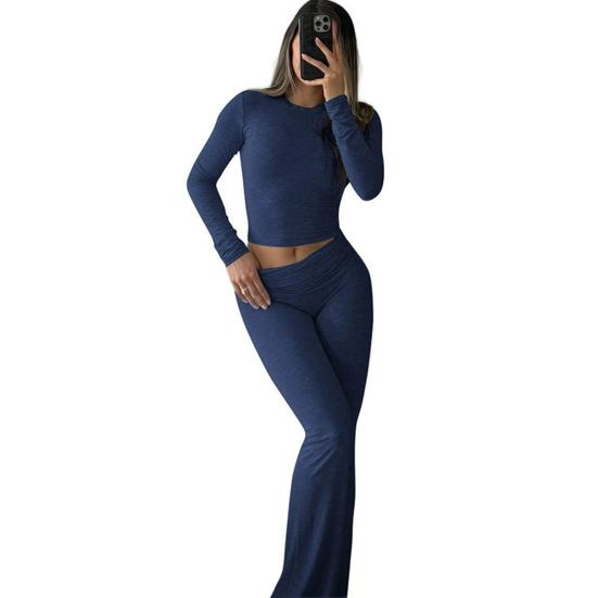 Women's 2 Piece Outfits Long Sleeve Crew Neck Crop Top Ruched Low Waist Flared Pants Set Fall Casual Lounge Set