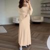 Women's Elegant Tie-Waist Knitted Dress Horn Sleeve Maxi Dress For Women U Neck Solid Color Long Dress Ribbed Bodycon Fall Dress