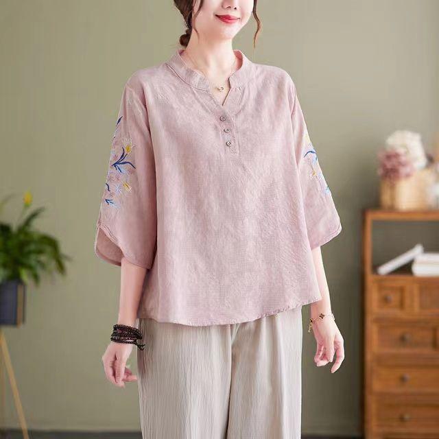 Plus Size Women's Clothing Shirts  Cotton and Linen Top with Printed Sleeve Pattern Summer Thin  Pullover Shirts