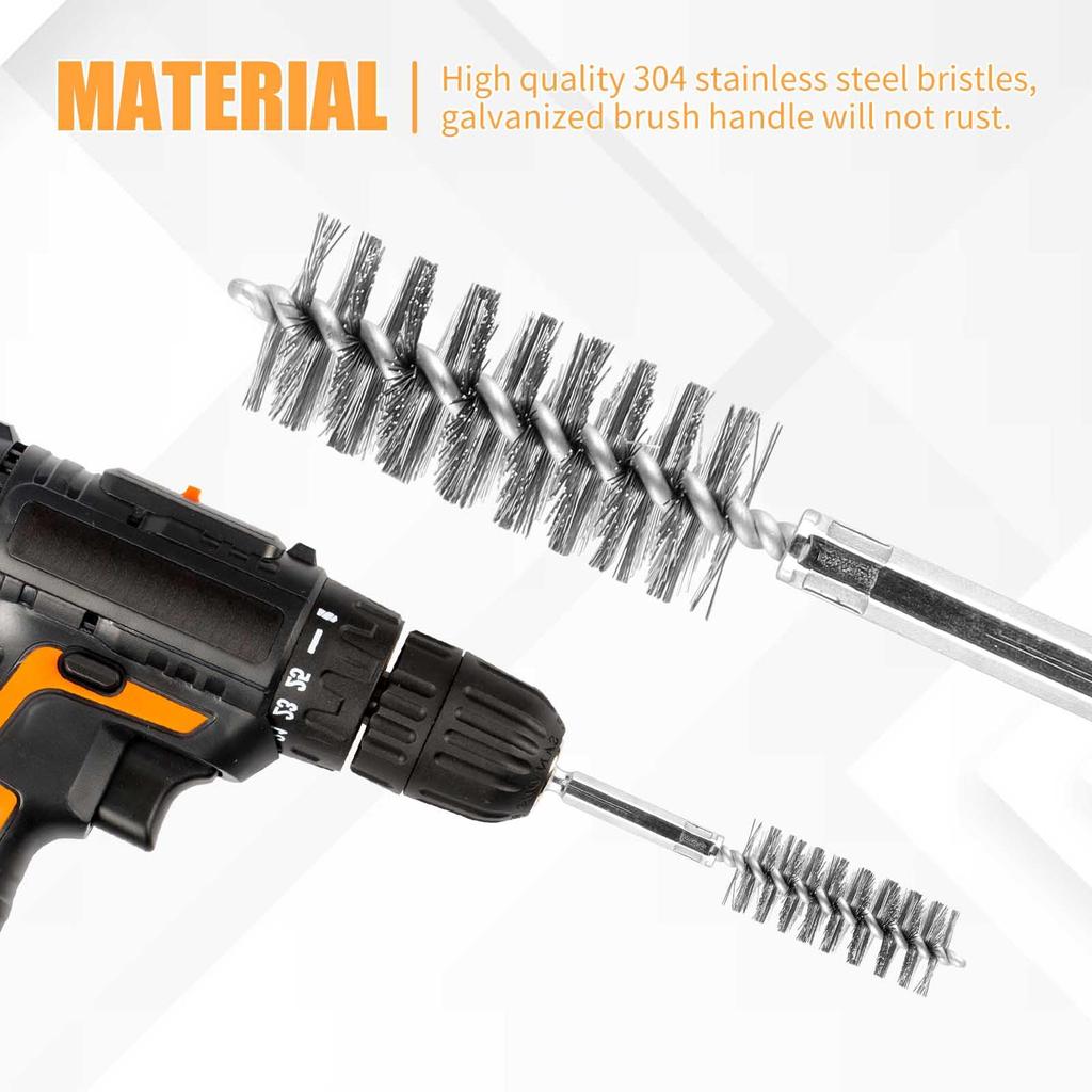 6PCS Stainless steel wire brush drilling and cleaning brush set, 1/4-inch hexagonal handle wire brush, pipe cleaning brush 8/10/12/15/17/19mm