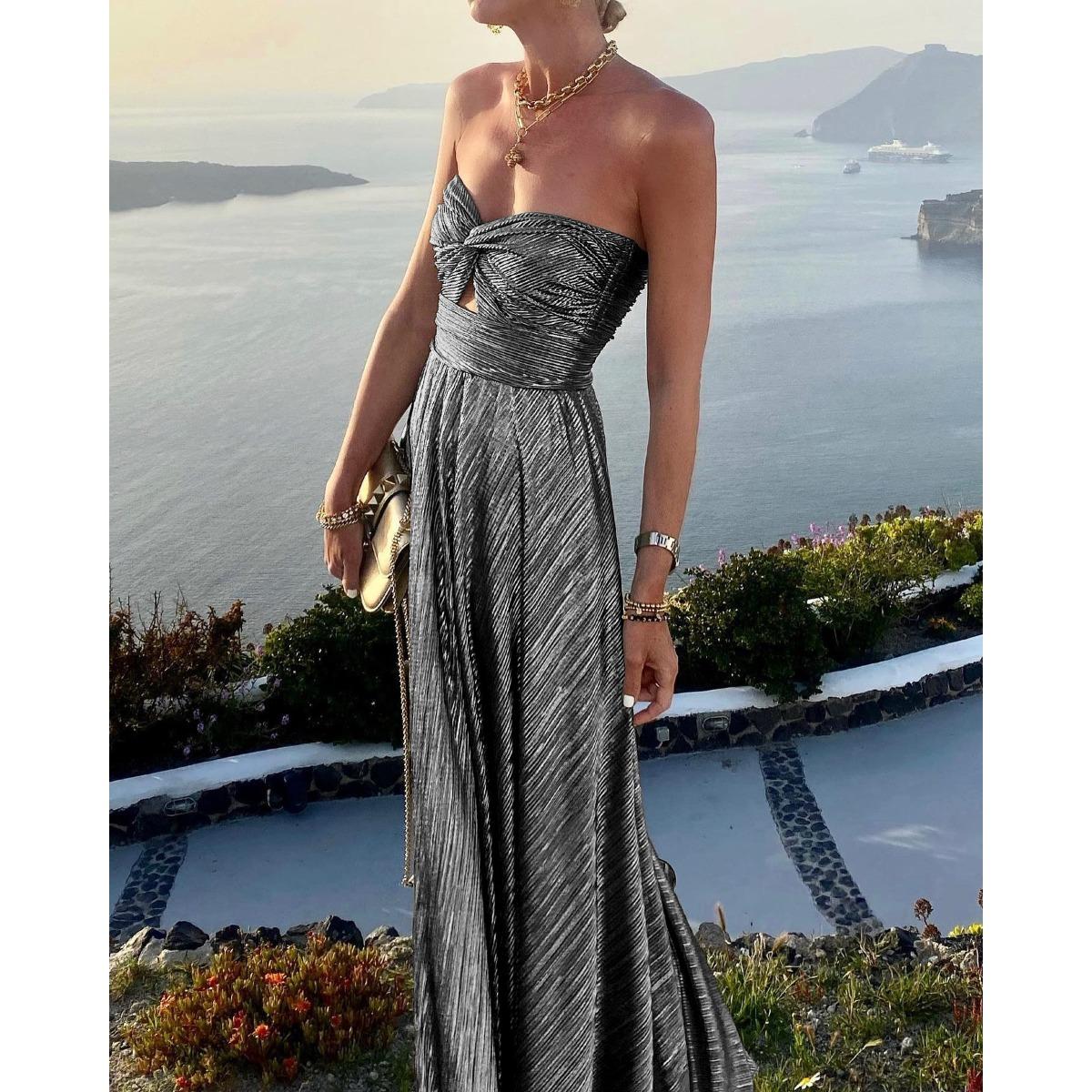 Women s Strapless Sleeveless Maxi Dress Loose Mid Rise Metallic Pleated Flowy Evening Sundress S чёрный